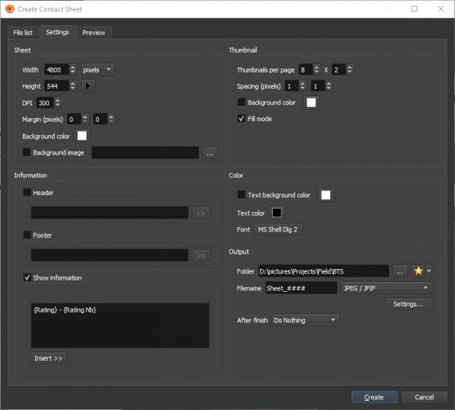 Example Contact Sheet settings