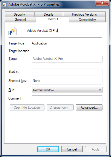 Screenshot showing the Acrobat XI Pro start menu shortcut properties dialog, with the wrong icon.