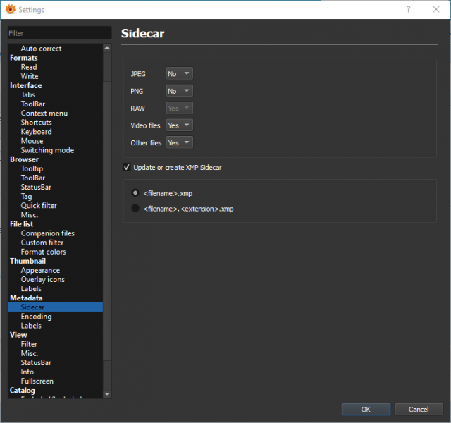 My sidecar file settings