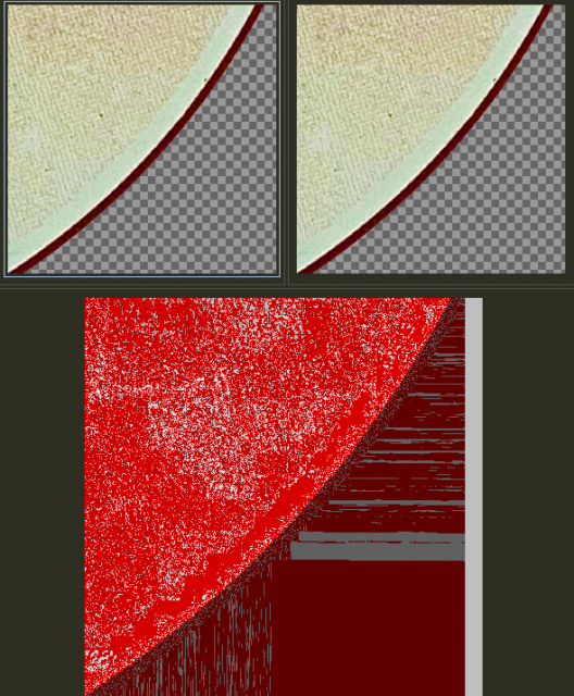 Visual comparison (Pixel by Pixel), Red highlights changes: