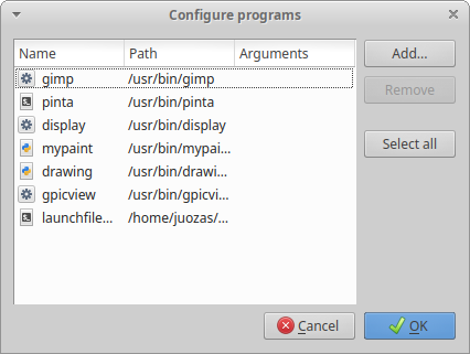 screenshot of configure programs dialog, first command liested above is used in example