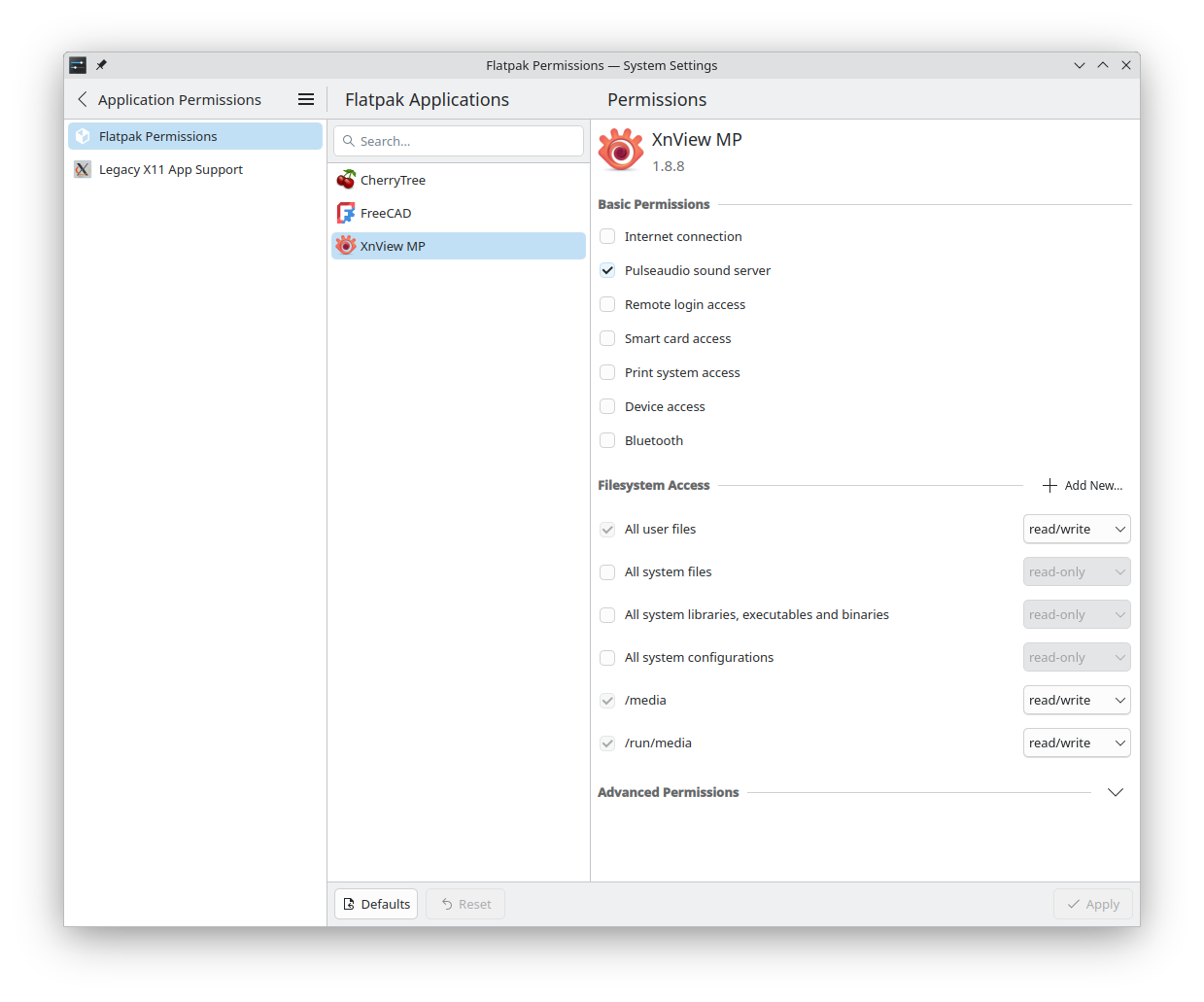Current Flatpak permissions for XnView - this should allow XnView to save anywhere in the user home dir