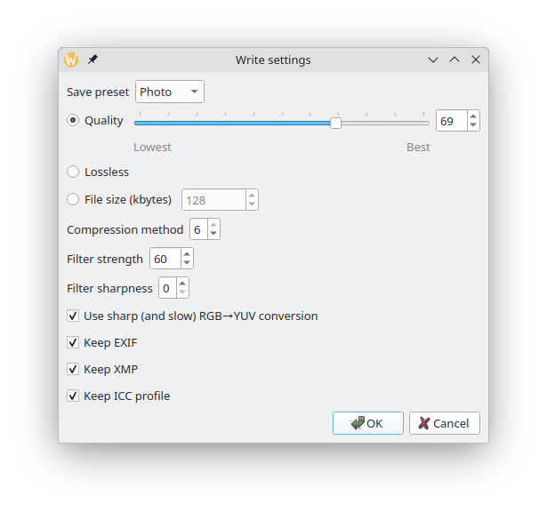 Export image dialog Linux Fedora 41 KDE (but using XnView MP tgz package instead of flatpak)