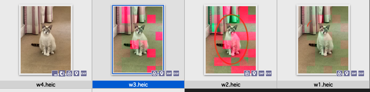 w4 is the original, w1 a bit of red was added top left, w2 circle added, w3 word test added