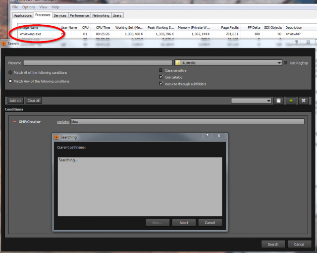 XnViewMP search windows and Win7 task manager during XMP search (chosen to return zero matches). Memory allocation had been around 1.17GB at the start of the search.