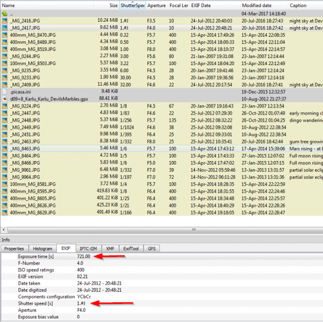 Screenshot of images sorted by shutterspeed.