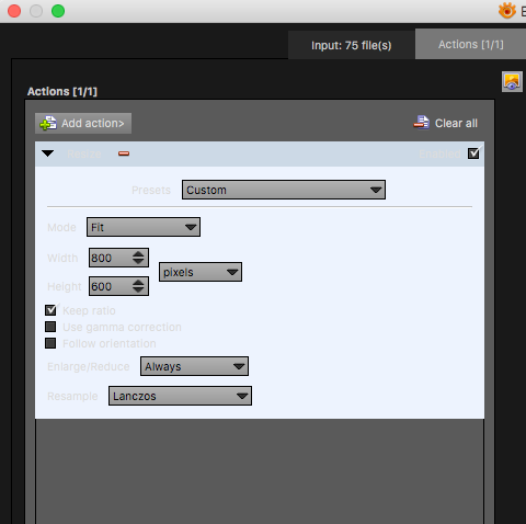screen shot of hard-to-read fonts on &quot;actions&quot; dialogue, Batch Convert module, Dark theme