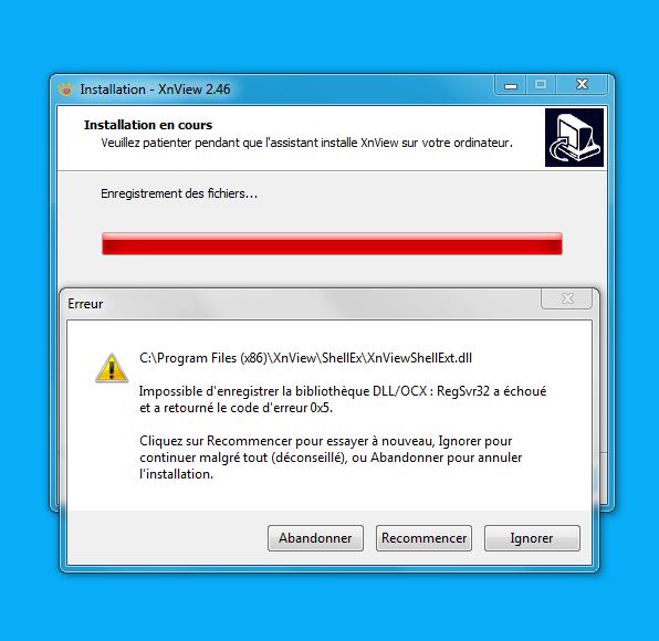 Capture d'écran pour l'installation de XnView version 2.46 : message d'erreur
