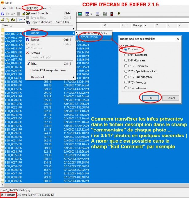 Démo d'utilisation d'Exifer pour MAJ de &quot;commentaires intégrés&quot;