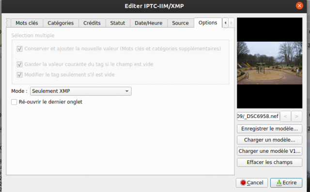 capture d'écran fenêtre Editer IPTC / XMP
