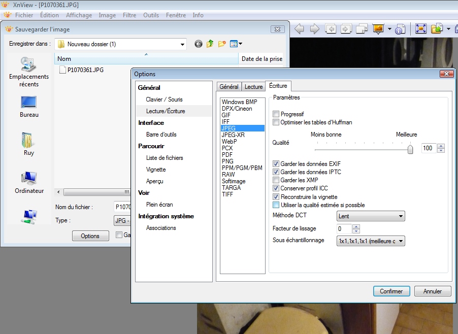 XnView fenêtre de redimensionnement en Option Conversion avant sauvegarde photo JPEG .jpg