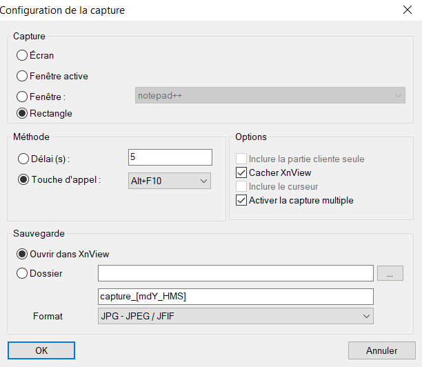 paramètres de capture