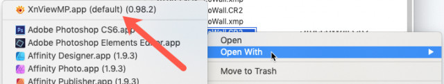 XnViewMP showing as default app to open a Canon CR2 RAW file.