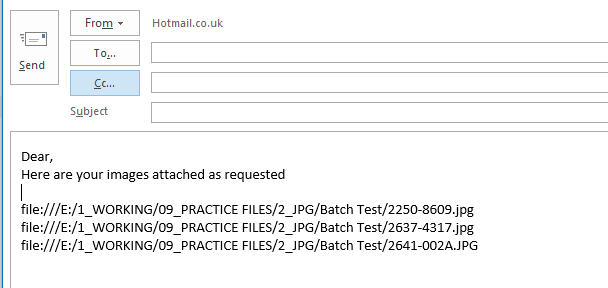 Dragging images into body text by XNView. Anywhere else in the email is not possible.