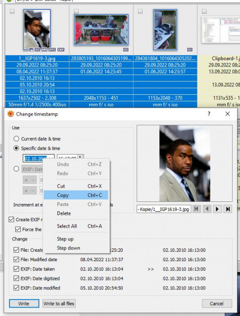 current timestamp window and selection of photos where only one has EXIF dates